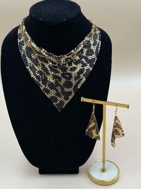 Gold and Black Leopard Chainmail Mesh Bib Necklace with Matching Earrings NWOT